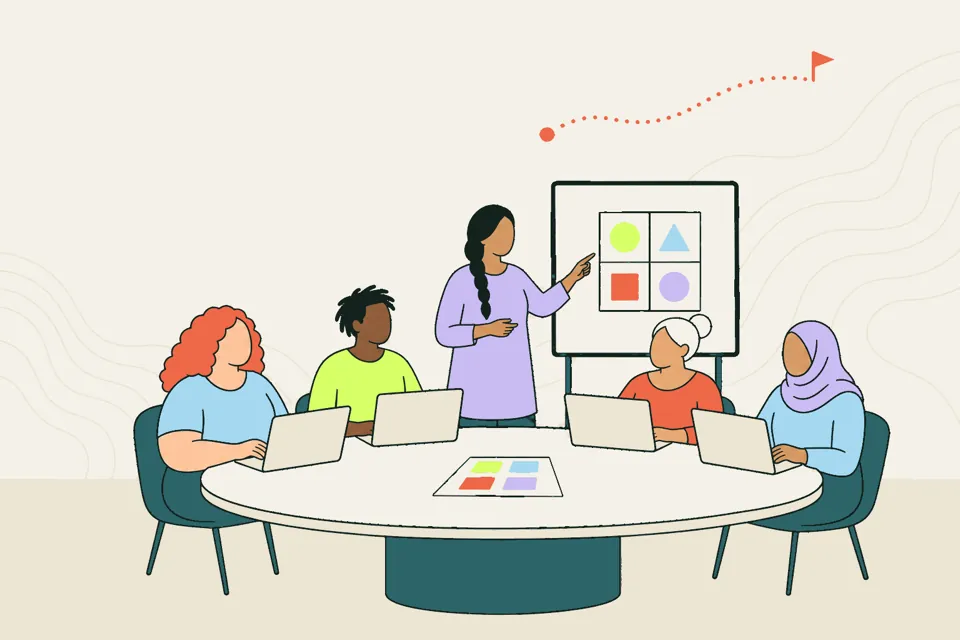 A tutor at a whiteboard running a practice session with four adults at laptops.