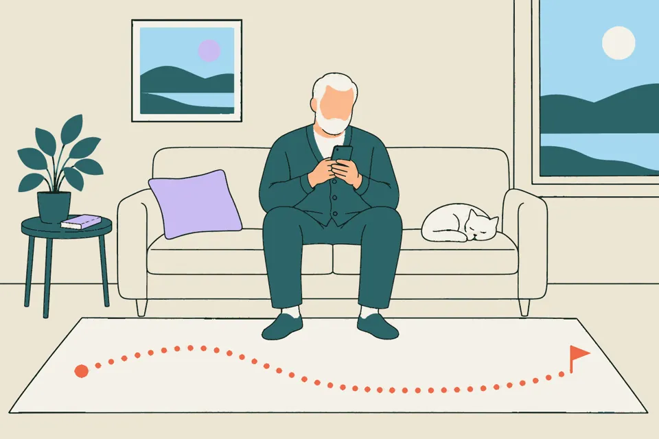 An older man on a sofa reading his phone, with a cat asleep beside him and a dotted route on the rug to a flag.